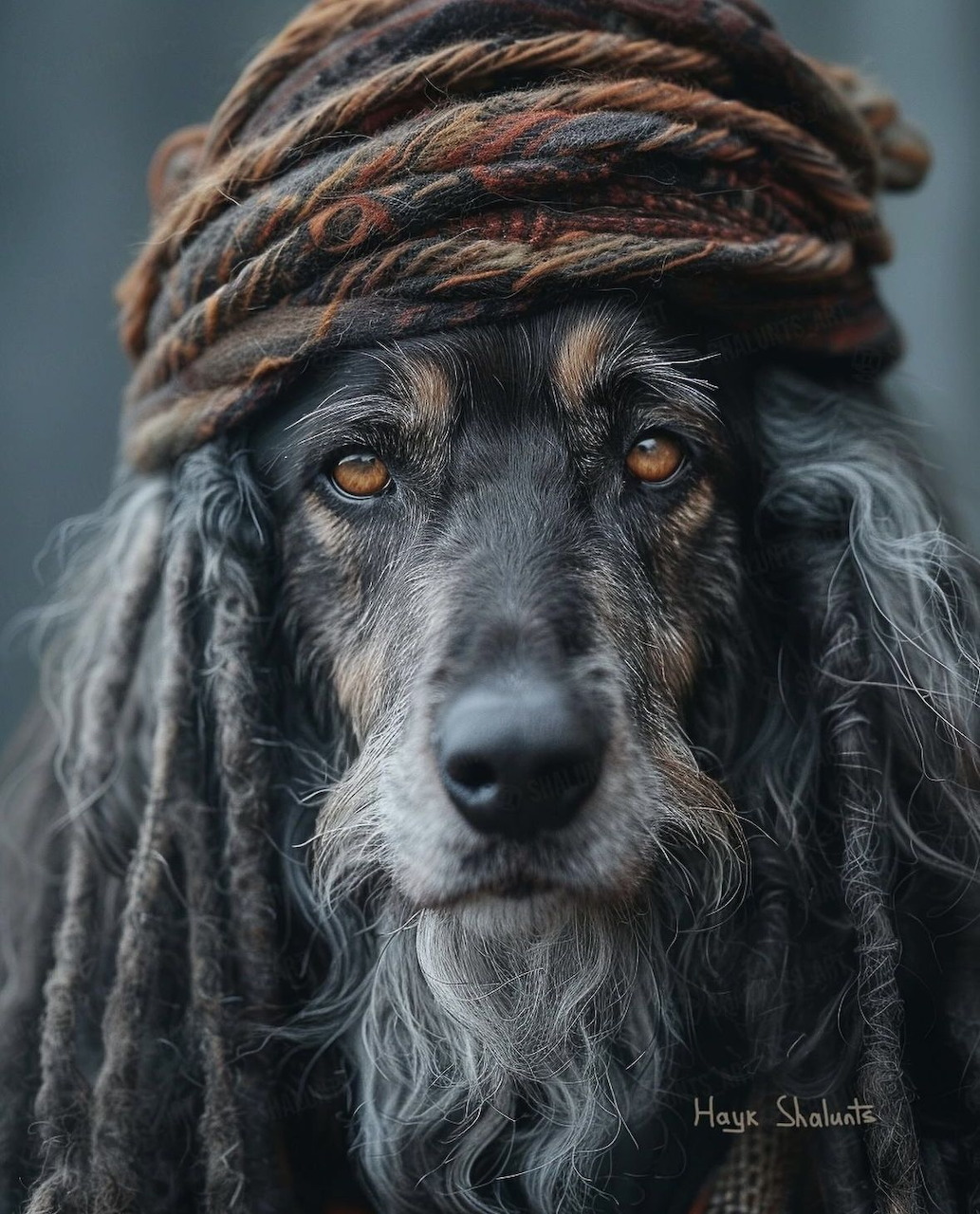 Grey long-haired dog with dreadlocks wearing a brown woven turban, looking at camera