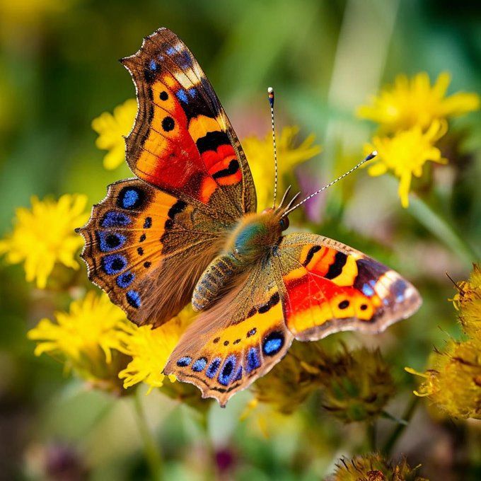 Orange peacock butterfly with blue eyespots perched on yellow flowers