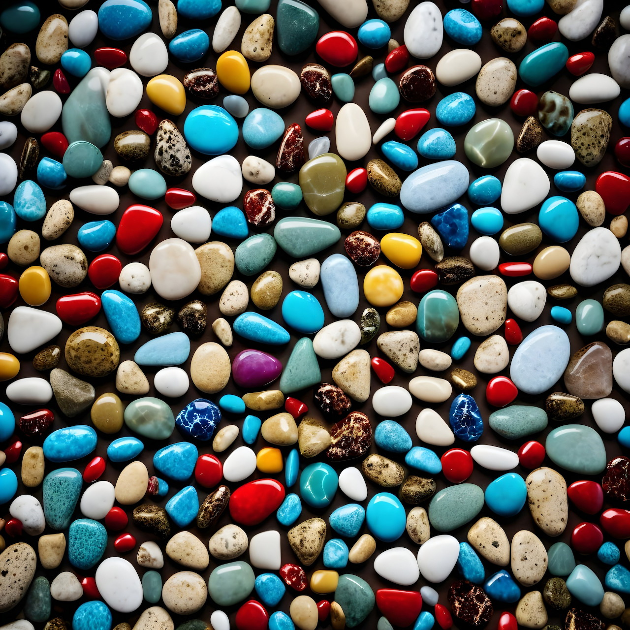 Colorful smooth pebbles and stones in turquoise, red, white, yellow, and natural tones densely packed together
