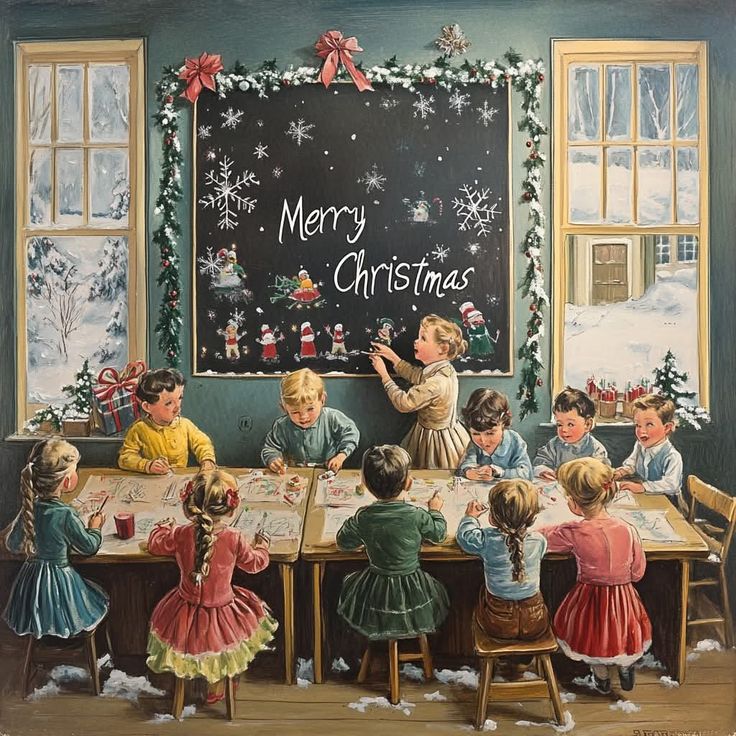 Vintage classroom children at desks facing Christmas decorated chalkboard with garland and snow-covered windows