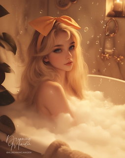 Blonde anime girl with orange hair bow relaxing in a bubble bath surrounded by foam and bubles