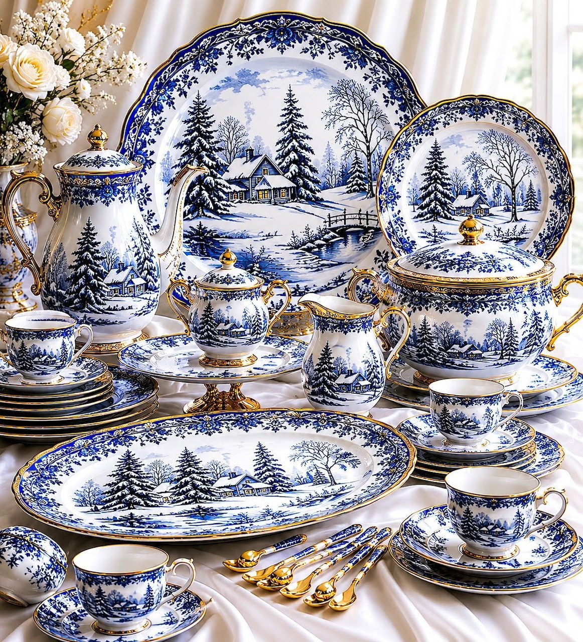 Blue and white porcelain tea set and plates with snowy winter scenes and gold trim