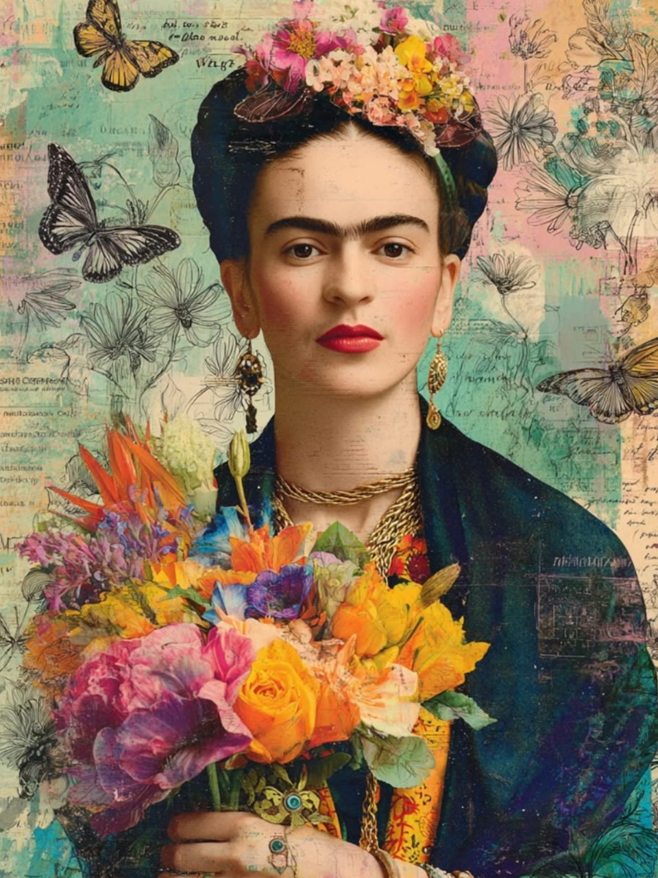 Painted portrait of Frida Kahlo with flowers, butterflies, and a textured pastel background