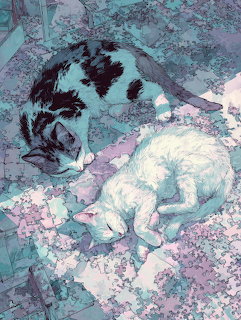 Illustration of two cats sleeping among pink and blue flowers, one black-and-white and one white
