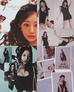 Collage of K-pop idol photos showing a young woman in black outfits and plaid skirts in various poses