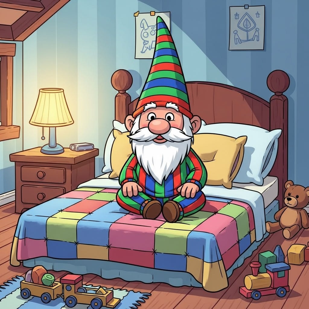 Cartoon gnome sitting on a colorful bed in a cozy bedroom with toys and a teddy bear