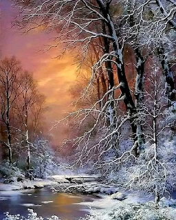 Painting of snow-covered trees along a stream with a warm sunset glowing through the winter forest