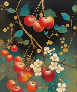 Painting of red apples hanging from branches with white flowers and golden dots on dark background