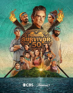 Survivor 50 promotional poster showing cast members arranged around a tropical island with tiki torches