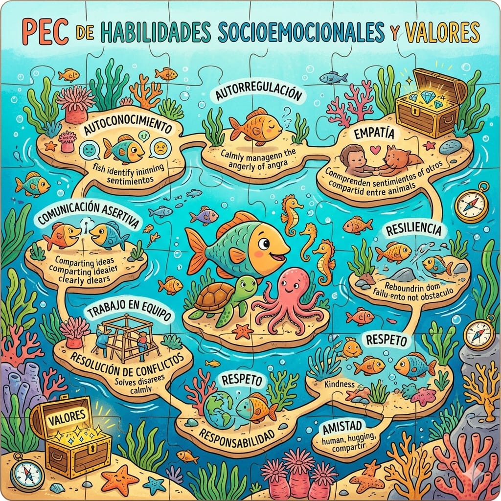 Colorful underwater cartoon with fish, coral, treasure chests, and Spanish social-emotional values labels