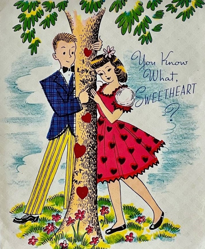 Vintage Valentine card with couple embracing by tree, colorful 1950s illustration style