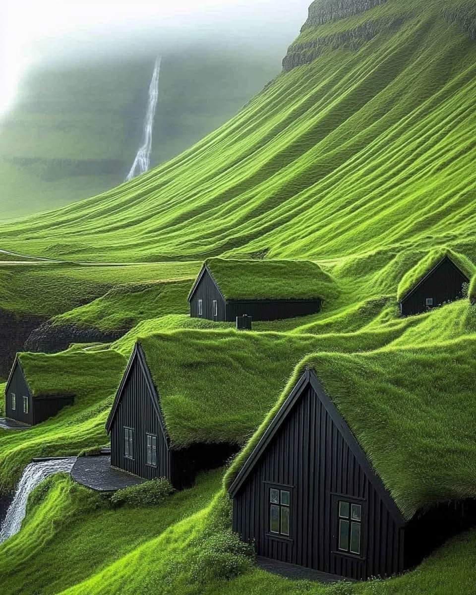 Traditional turf houses with grass roofs in lush green Faroe Islands valley beneath steep mountain with waterfall