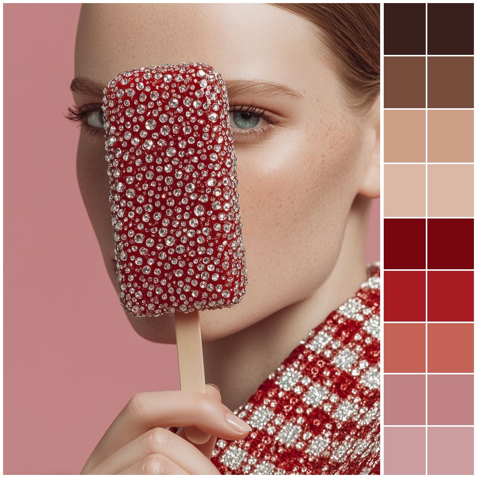 Woman holding ornate red beaded popsicle covering part of her face with color palette swatches on the side