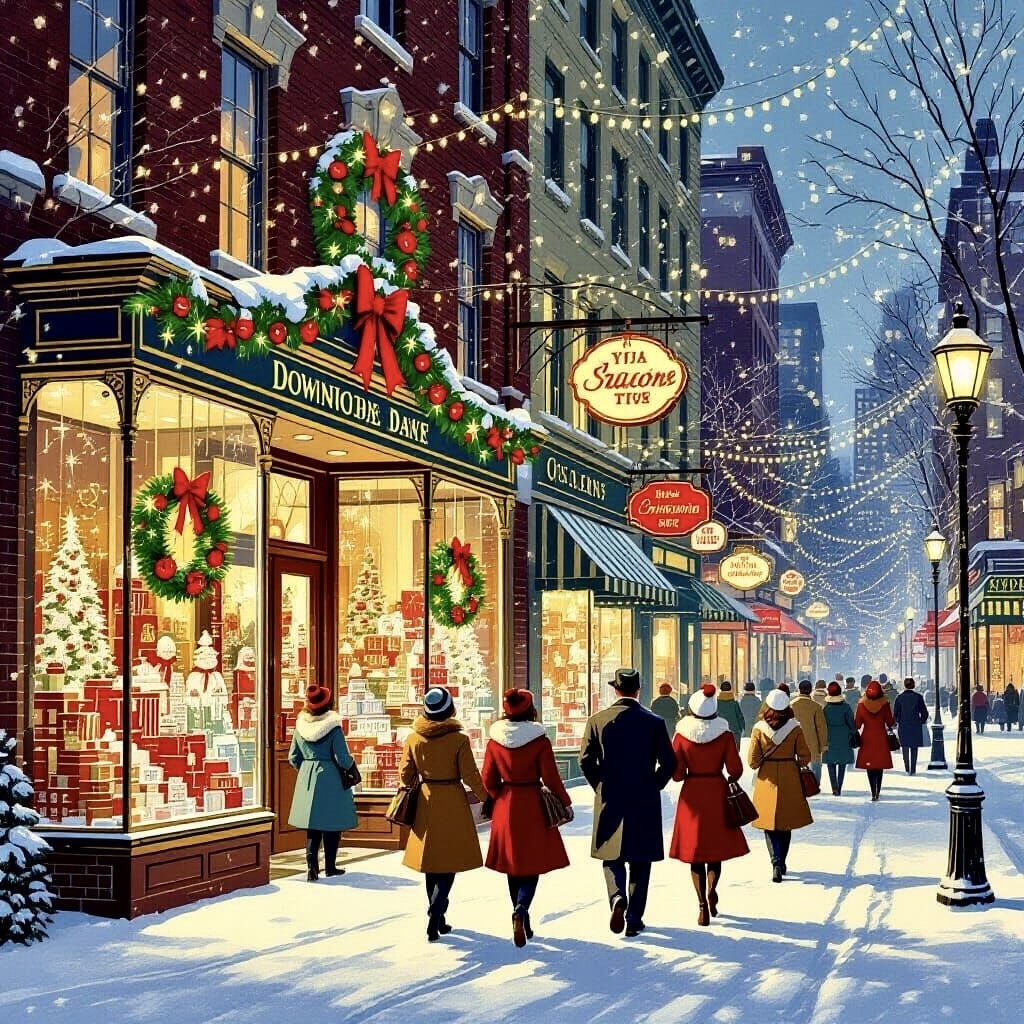 Vintage illustration of people shopping on snowy city street with Christmas decorations and lights at dusk