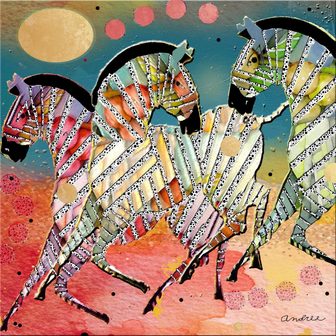 Three zebras with multicolored rainbow stripes in an artistic desert scene with sun and moon