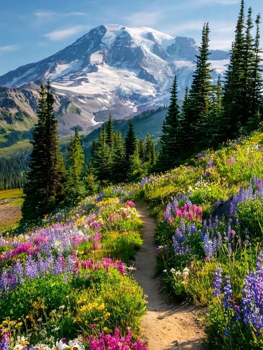 Dirt hiking trail through colorful wildflowers on a hillside with snow-capped mountain in background
