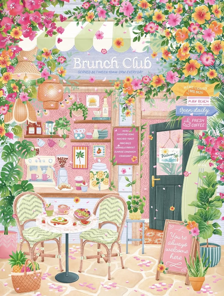 Illustrated Brunch Club cafe exterior with pink flowers, bistro seating, and colorful decorations