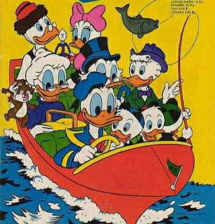Donald Duck and Disney duck characters riding a red speedboat on blue waves, vintage cartoon illustration.