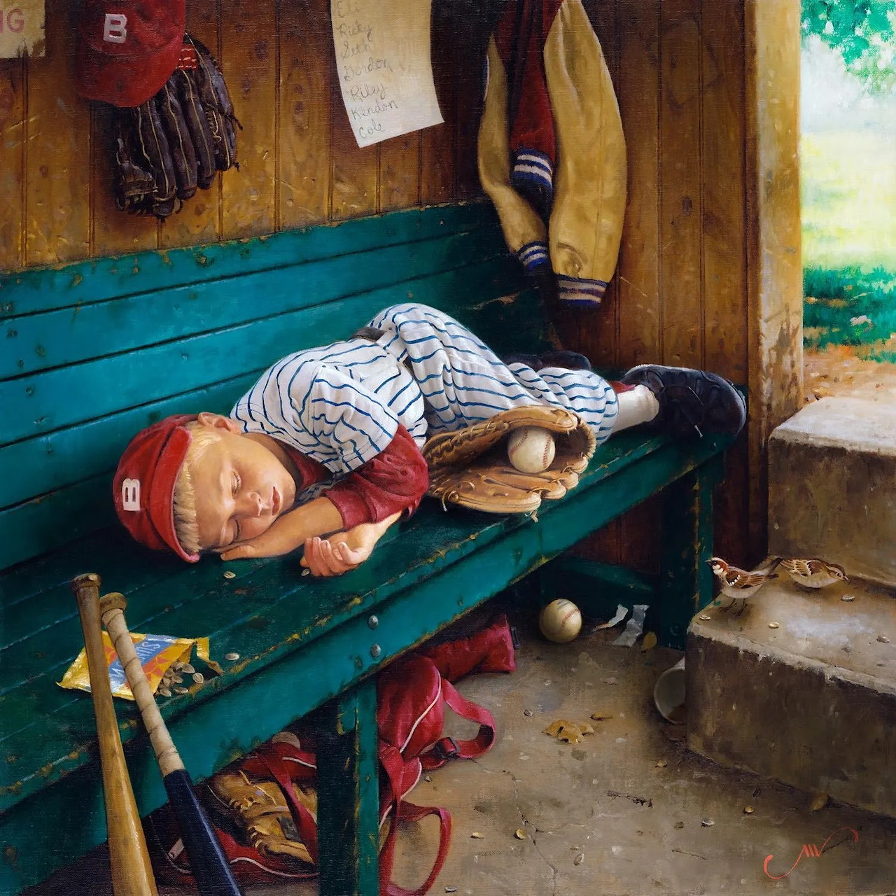 Painted scene of a young baseball player asleep on a dugout bench with bats, glove, and ball