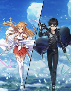 Two Sword Art Online anime characters standing back-to-back against blue sky, one in light outfit, one in dark