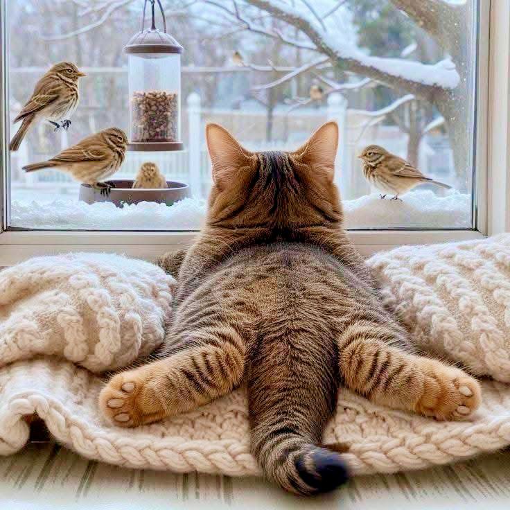 Tabby cat on a blanket facing a snowy window with birds at a feeder outside