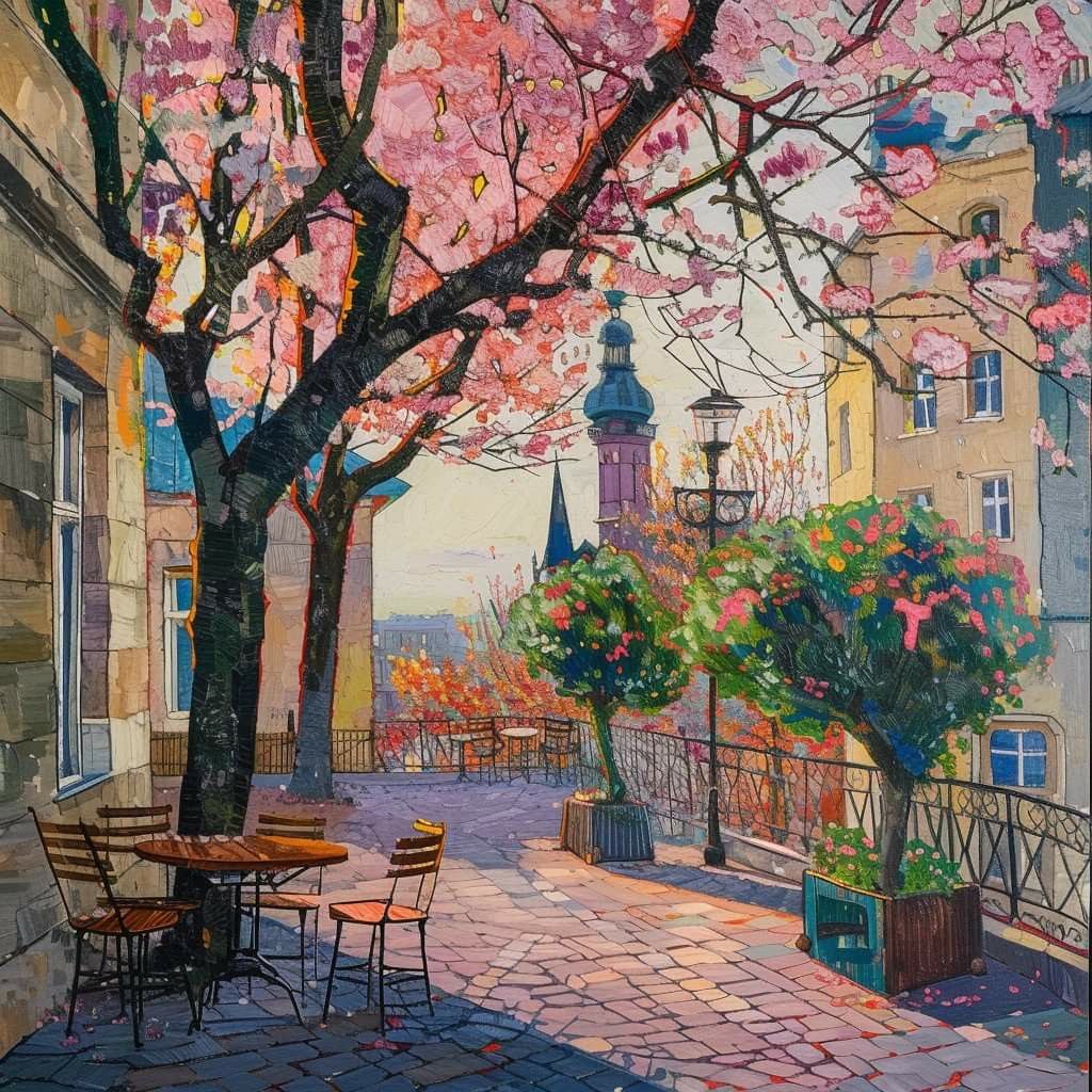 Painting of a cobblestone street with café tables, flowering trees, potted flowers, and a church tower