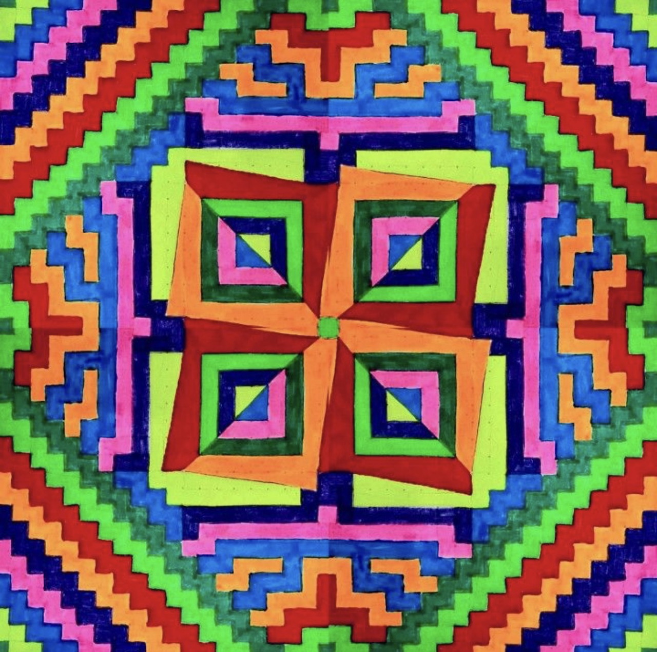 Colorful geometric mandala with rainbow concentric squares in symmetrical pattern