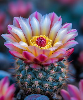 Close-up of a bloming Gymnocalycium cactus with pink and white petals and yellow center