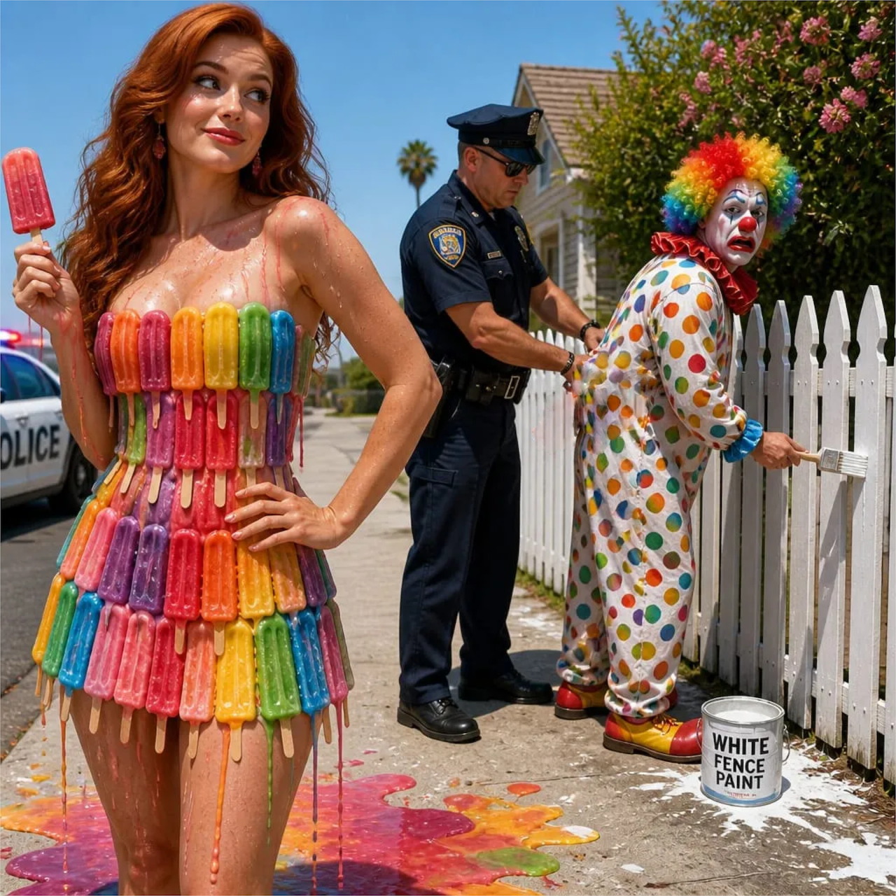 Woman in rainbow popsicle dress holding ice cream, police officer with clown by white picket fence