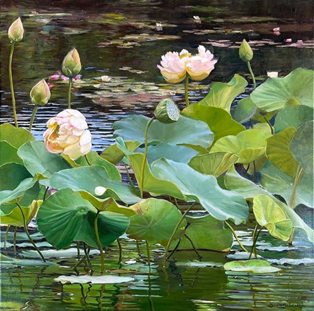 Lotus Flowers Pond Painting