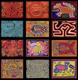 Grid of twelve colorful mola textile art squares with geometric patterns, fish, and birds in traditional San Blas style