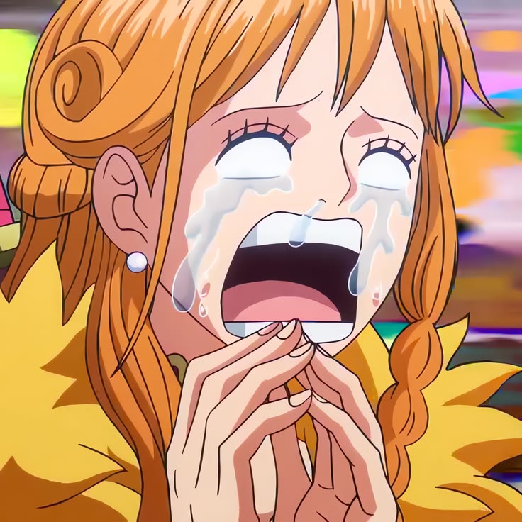 Anime girl with orange hair showing surprised expression with hands near face