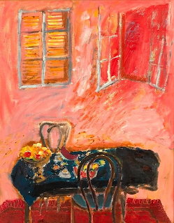 Impressionist painting of bright dining room with table, chairs and flowers in warm orange and red hues