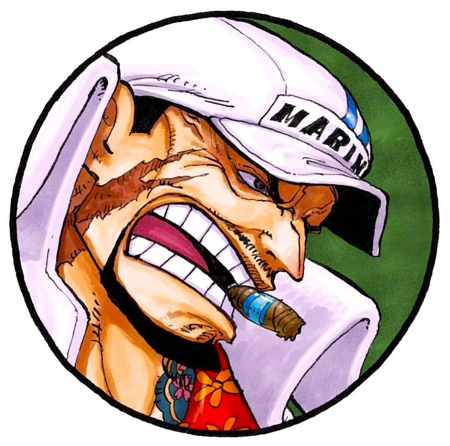 Anime portrait of Smoker from ONE PIECE wearing white Marine cap, smoking two cigars, aggressive expression