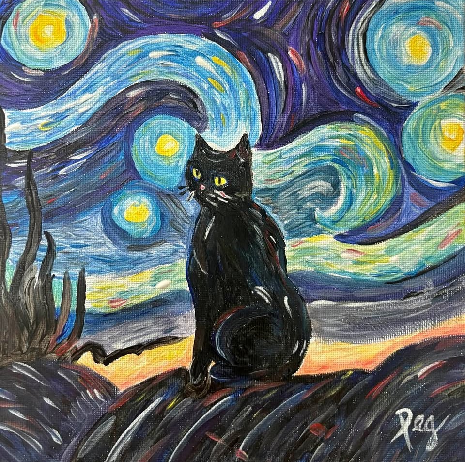 Painting of a black cat sitting under a swirling starry night sky