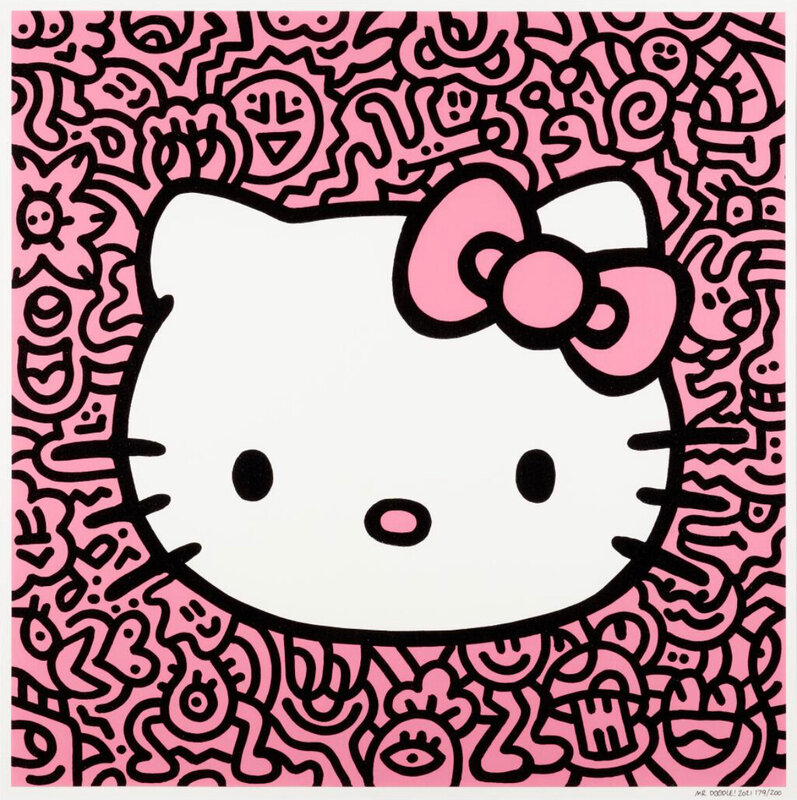 Hello Kitty face with pink bow on pink and black doodle patterned background