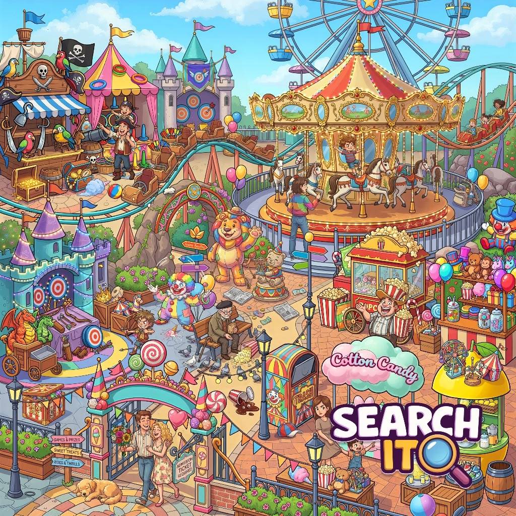 Vibrant cartoon amusement park with carousel, ferris wheel, roller coaster, and various attractions