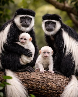 Family of black and white colobus monkeys with two adults and two white babies on a branch