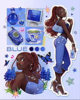 Illustration of a woman with red braids wearing blue denim, surrounded by blue aesthetic items and butterflies