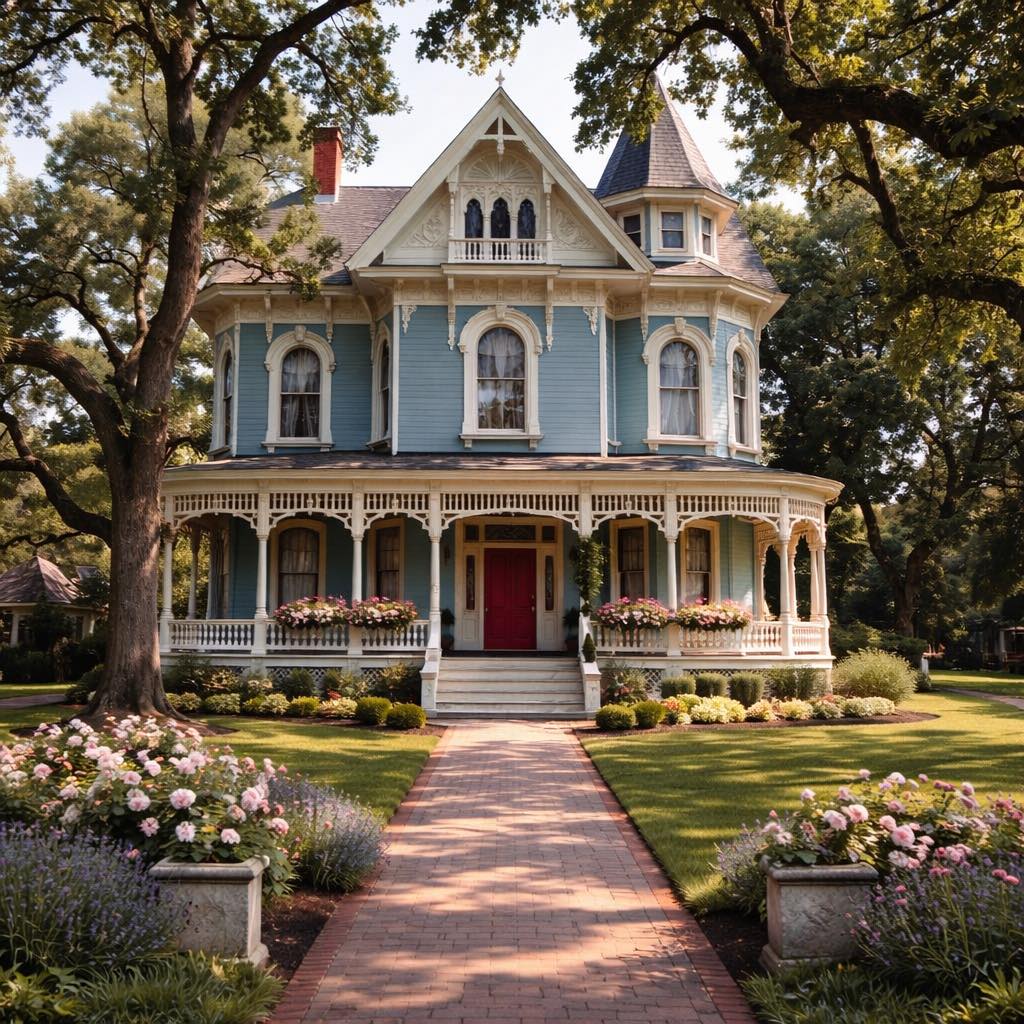 Grand Victorian mansion with turret, decorative woodwork, wraparound porch, and manicured garden path