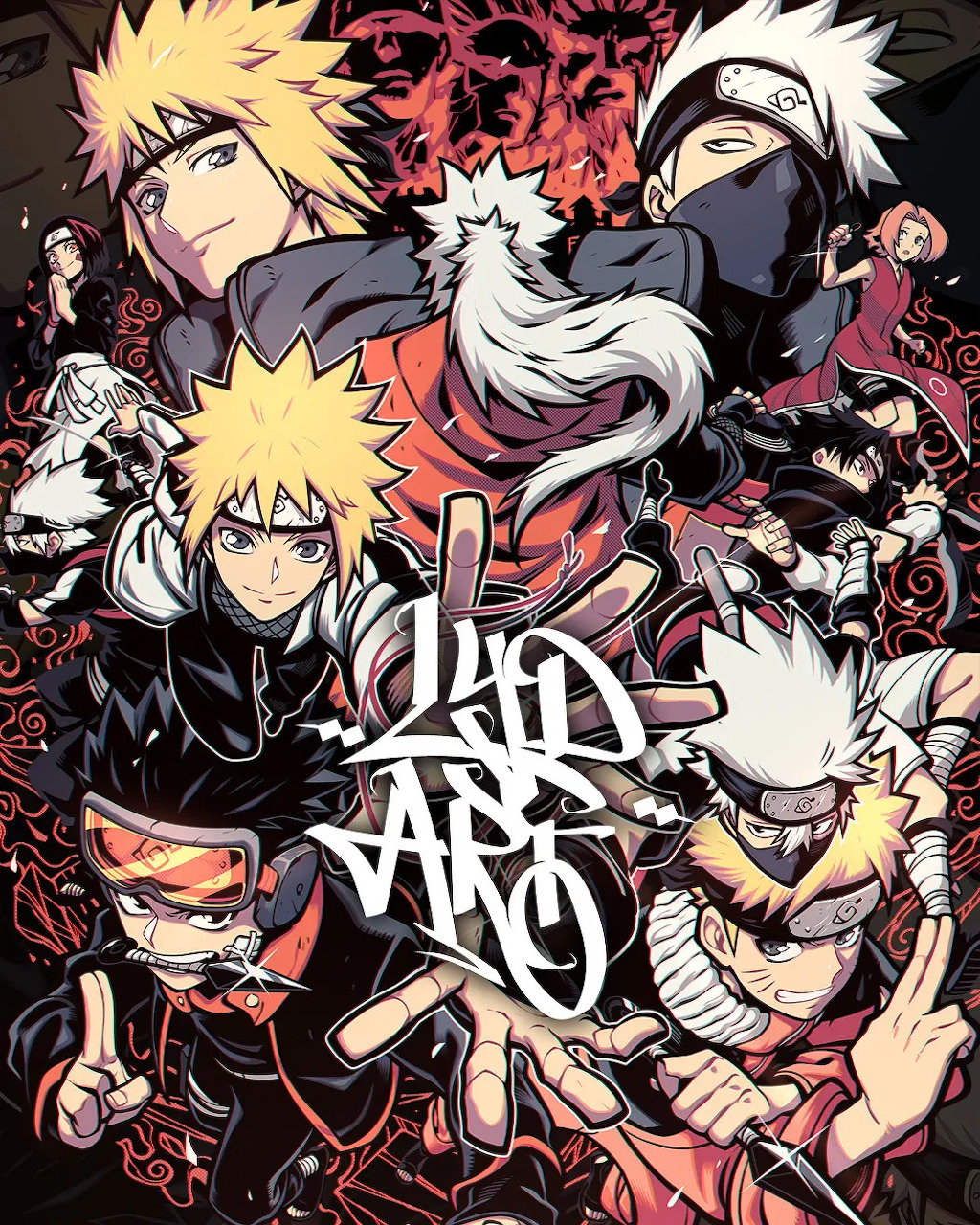 Anime collage of Naruto characters in dynamic poses with red and black background and graffiti-style text overlay