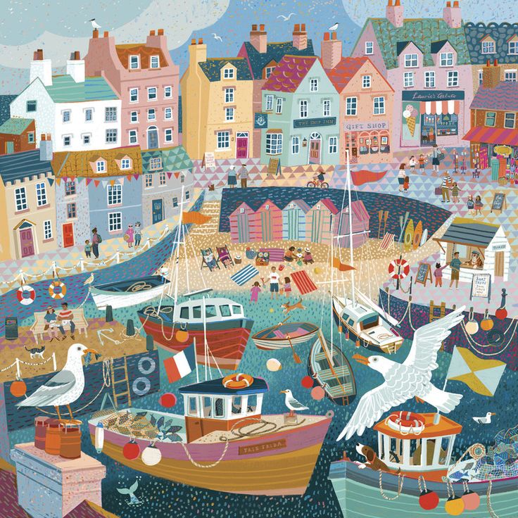 Colorful illustrated harbor village with boats, pastel houses, docks, and a large white seagull