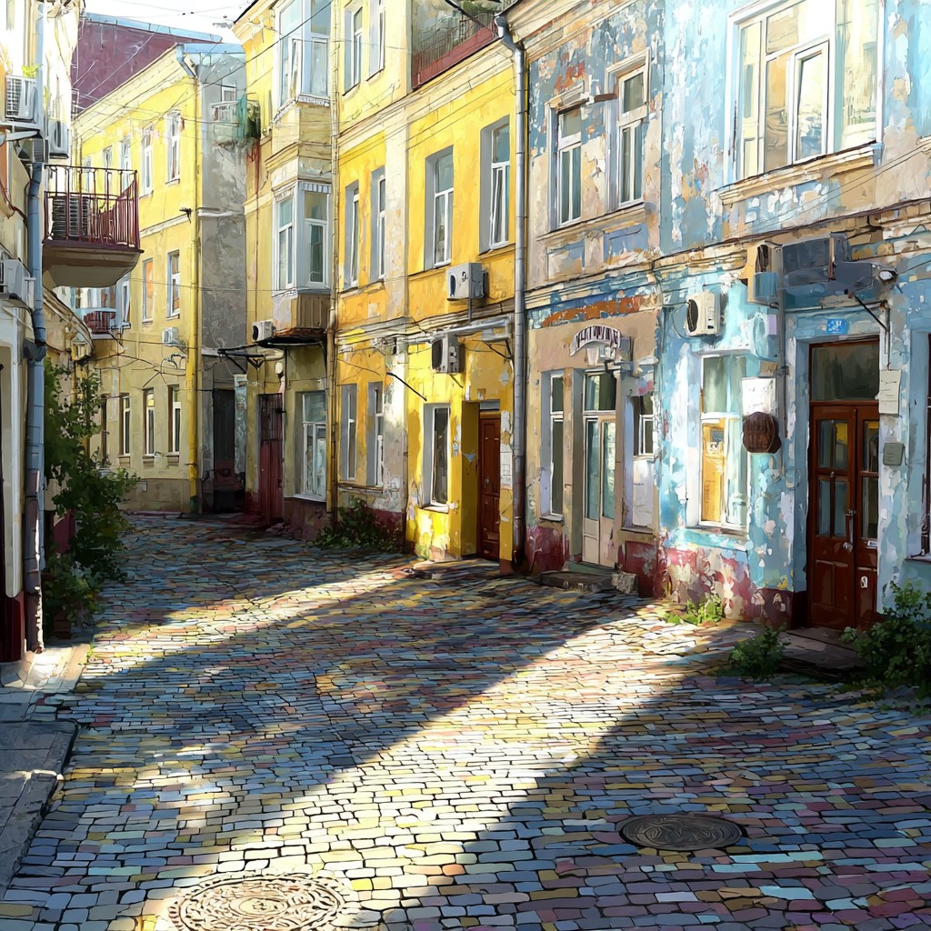 Sunlit cobblestone street with worn pastel buildings and long shadows