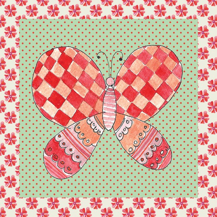 Patchwork butterfly illustration on a mint green dotted background with a pink floral border