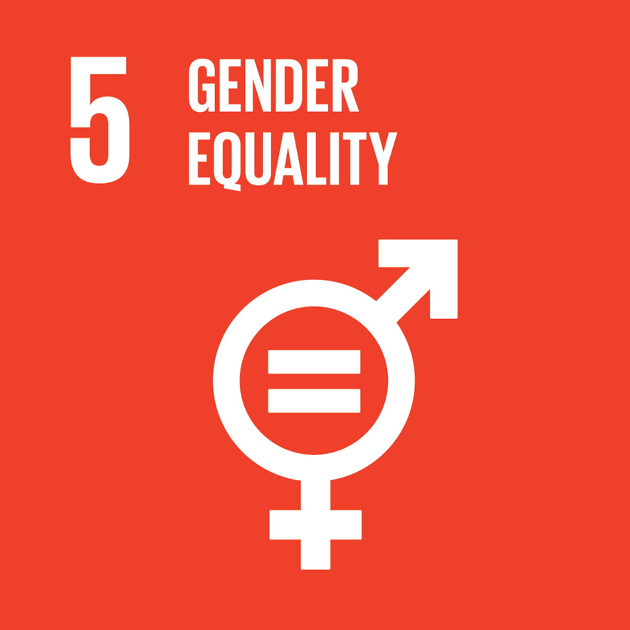 Red Gender Equality graphic with white text and a combined gender symbol containing an equals sign