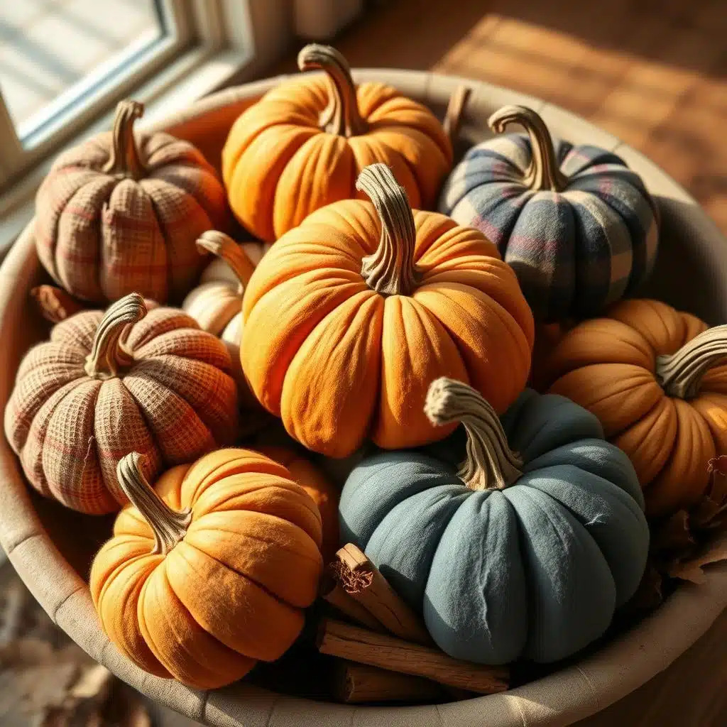 Handmade fabric pumpkins in orange, tan, and green velvet arranged in a wooden bowl with natural window light