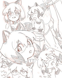 Pencil sketches of anime girls with animal ears in various poses from BNA Brand New Animal