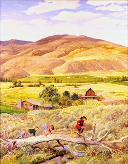 Children playing in autumn farm field with golden rolling hills and red barn in distance