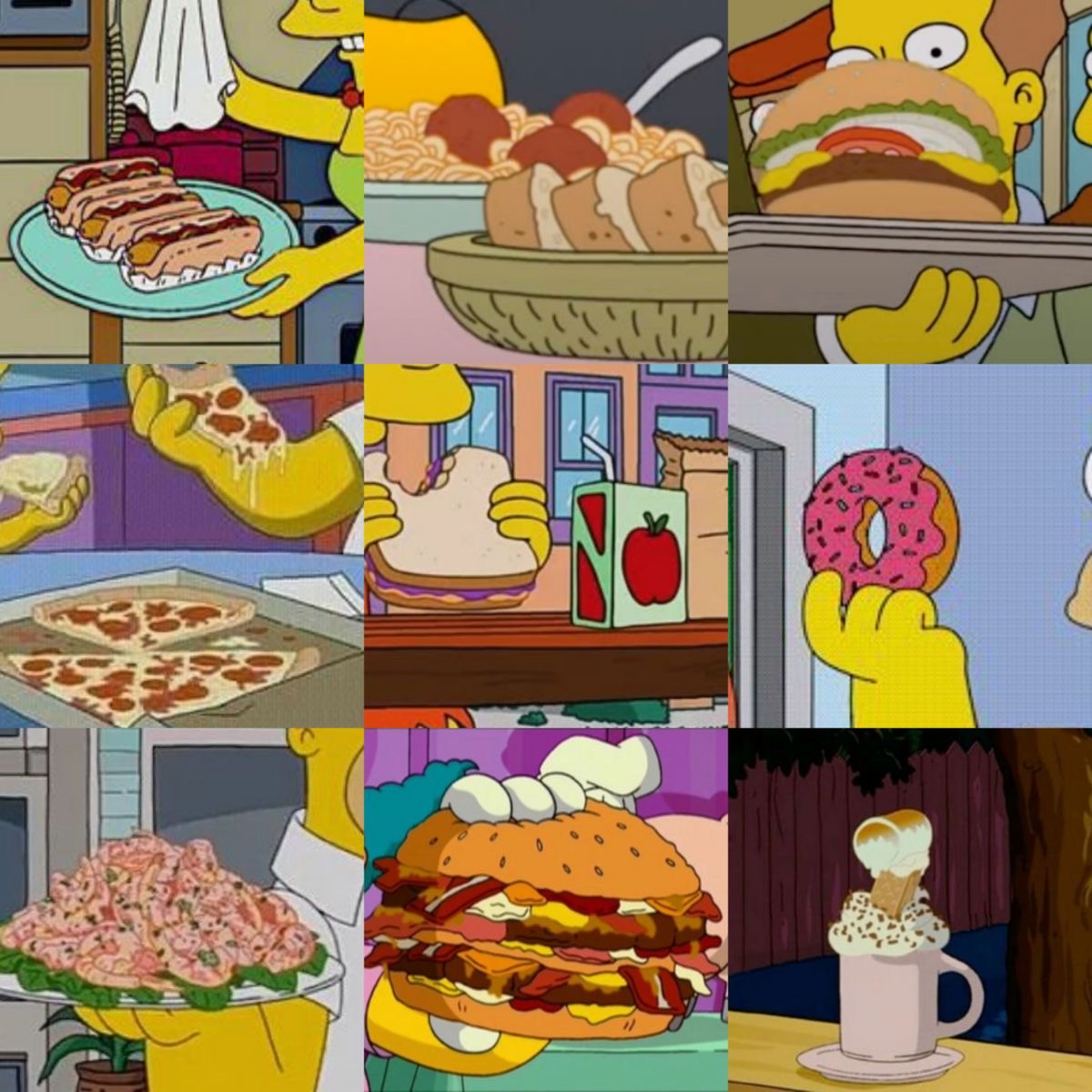 Collage of Simpsons characters with food items including donuts, burgers, and other dishes