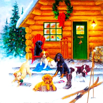 Multiple puppies and dogs playing in snow outside a Christmas-decorated log cabin with wreath and green door